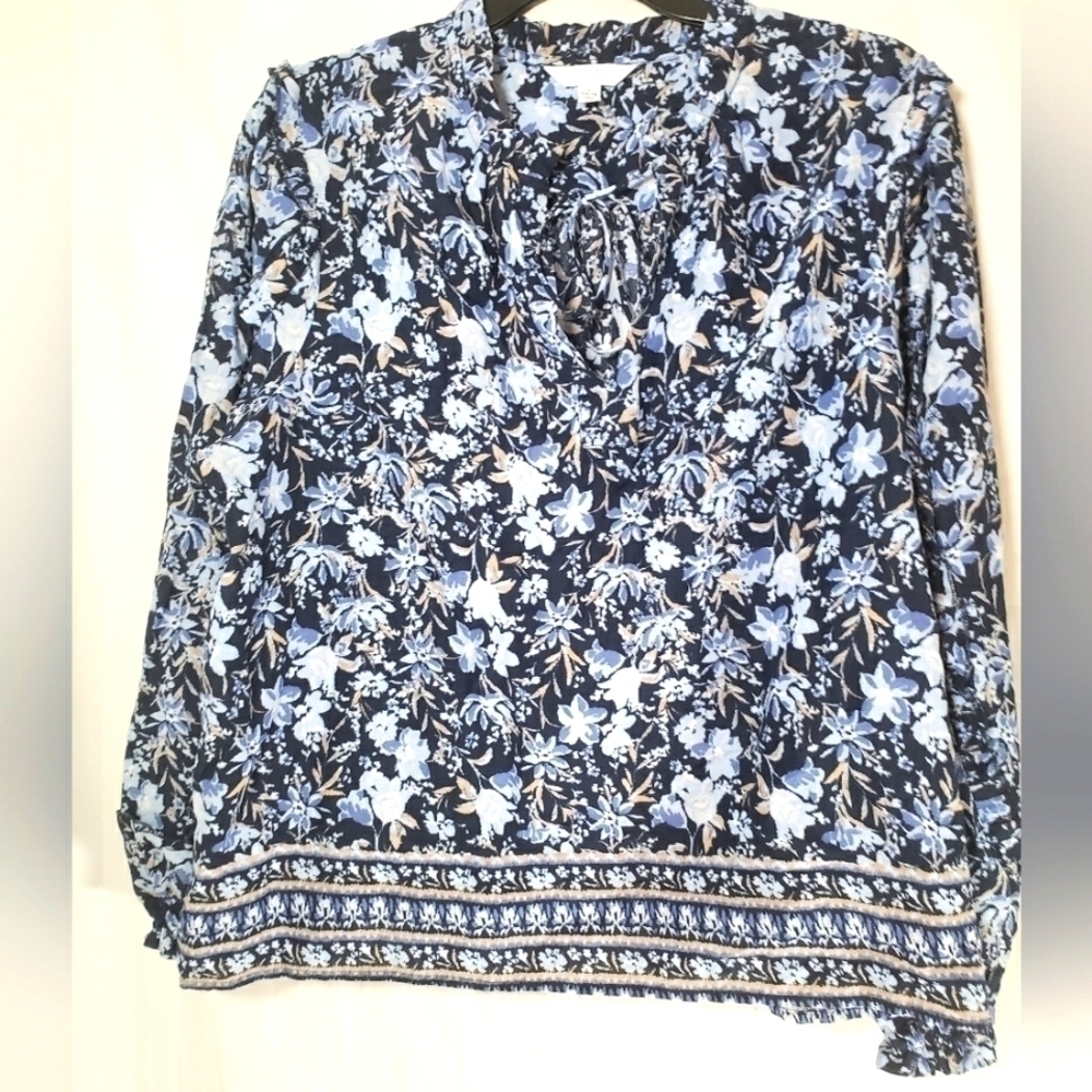 Time And Tru Blue Floral Boho Peasant Long Sleeve Shirt Sz L